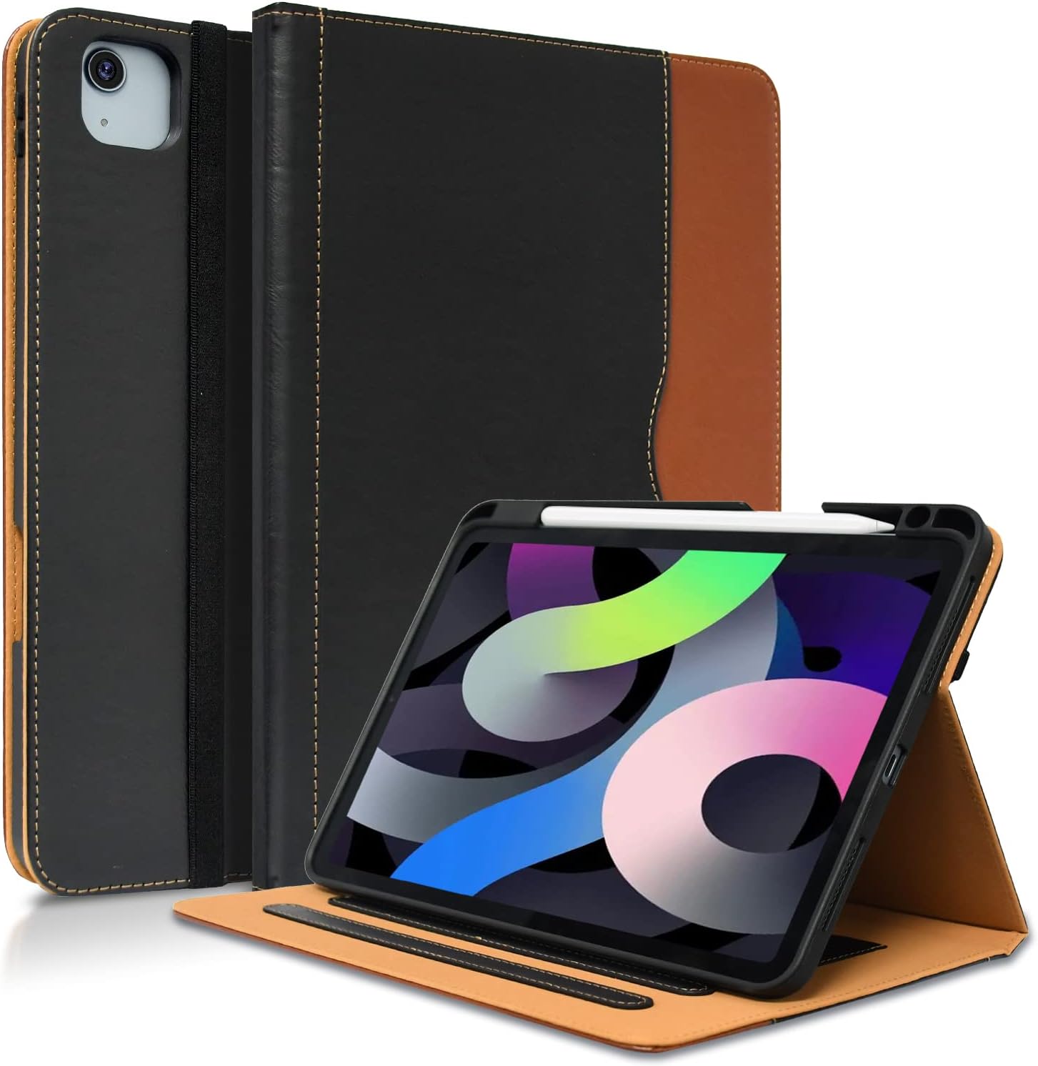 ZoneFoker for iPad Air 5th/ 4th Generation Case, iPad Pro 11 inch case (4th/ 3rd/ 2nd), Multi-Angle Viewing Stand, Leather Folio Cover with Pencil Holder for iPad Air 10.9 inch 2022/2020 -Black+Brown