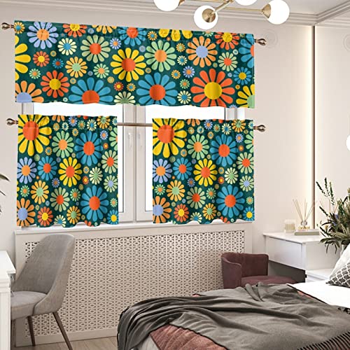 Dreaweet Rod Pocket Kitchen Tier Valances Set For Windows, Abstract Hippie Flower Window Treatment Curtains Tiers Valance, 52X18 & 27X24, 3 Panels #TOP1