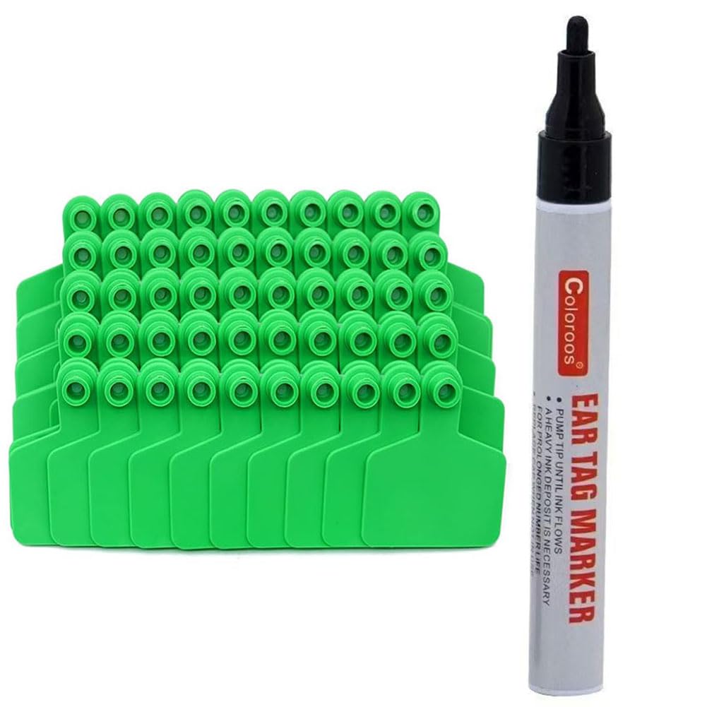 Dmbaod Green 100Pcs Cattle Ear Tag, Blank Ear Tags Livestock Ear Tags Cattle Ear Tags For Goats Sheep Pigs Hogs Cows Cattle Calf Livestock 100Pcs+Pen