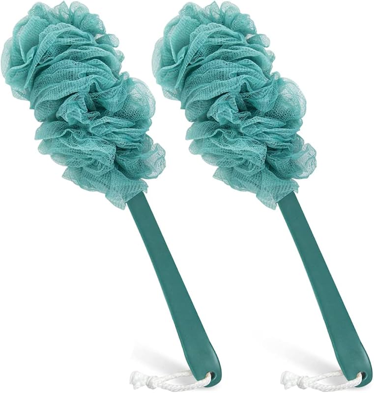 Escova para banho e corpo Qewro com esponja de nylon e cabo longo, azul, pacote com 2
