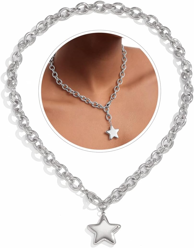 Chunky Gold Necklace with Star Pendant for Women,18K Gold Plated Stainless Steel Sweatproof Non Tarnish Hypoallergenic Chain,Trendy Chunky Necklaces for Women,Star Necklace Fashion Statement Jewelry