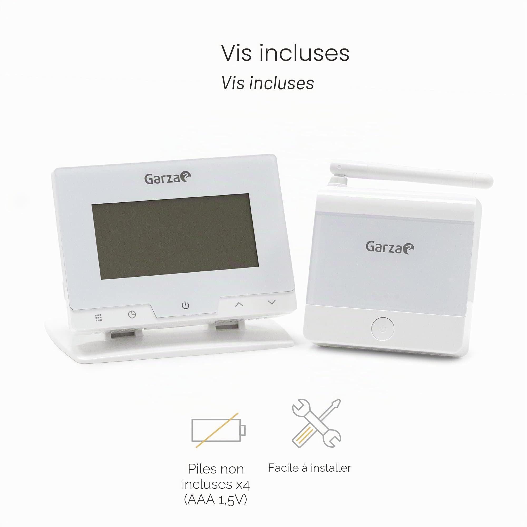 Garza - Thermostat numérique sans fil programmable pour chaudière et chauffage, Chronothermostat tactile et régulateur de température portable, Blanc, 20 x 80 x 120 millimètres