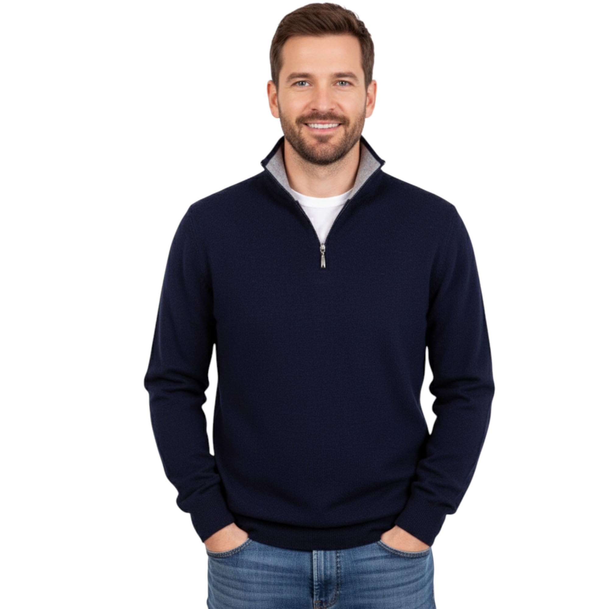 Pull Homme Demi-Zip en Cachemire et Soie mélangés, Made in Italy