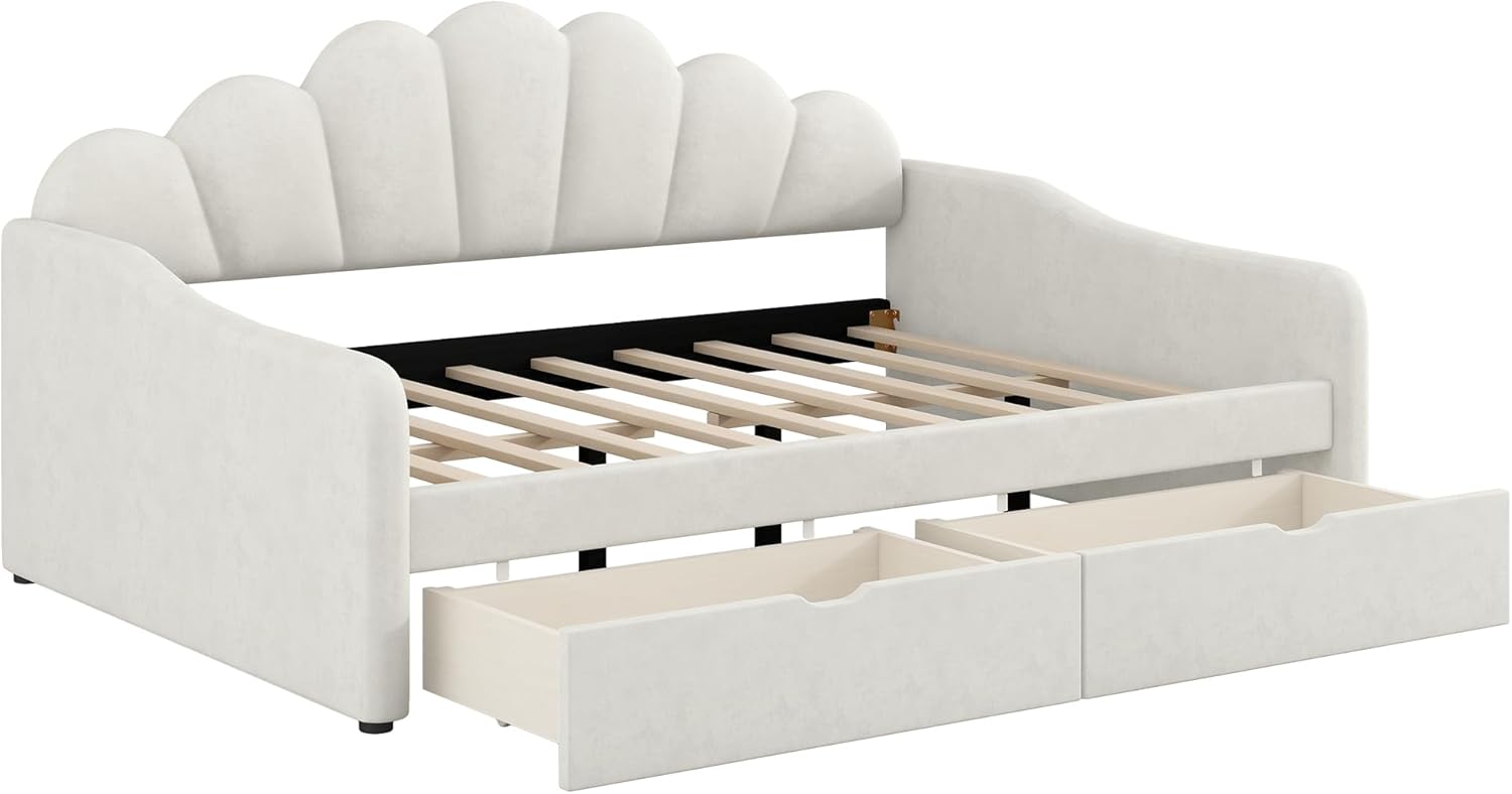 Full Size Wood Day Bed with 2 Drawers, Upholstered Daybed with Shall Shaped Backrest, Velvet Sofa Bed Frame with Storage, No Box Spring Needed, Beige