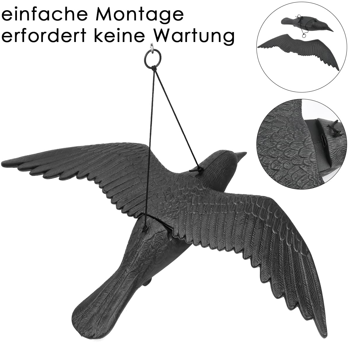 2 Schwarz Raben Attrappe, krähenattrappe Taubenschreck Rabe, Plastik Raben zur Abschreckung krähenschreck zum Aufhängen, Vogelschreck Fliegende Krähe, Balkon & Garten