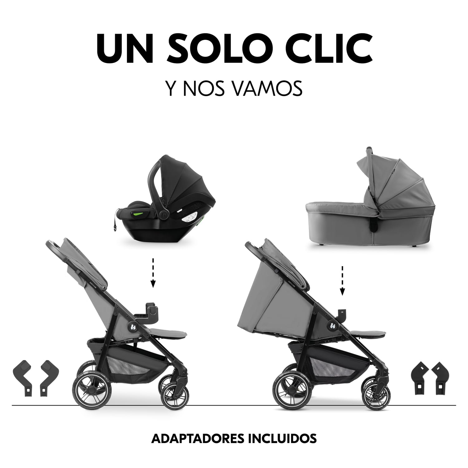 hauck Carro Bebe 3 Piezas Shop N Care Trio Set - Set de Carrito 3 en 1 con Cochecito, Silla de Coche y Silla de Paseo desde el Nacimiento hasta 22 kg, Compacto, Reclinable, Protección UV 50+ - Gris