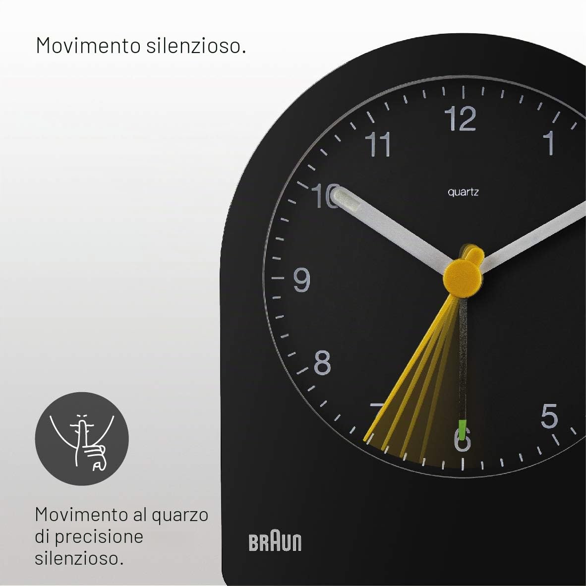 Braun Classic Analogue Alarm Clock with Snooze and Continuous Backlight, Quiet Quartz Movement, Crescendo Beep Alarm in Black, model BC22B.
