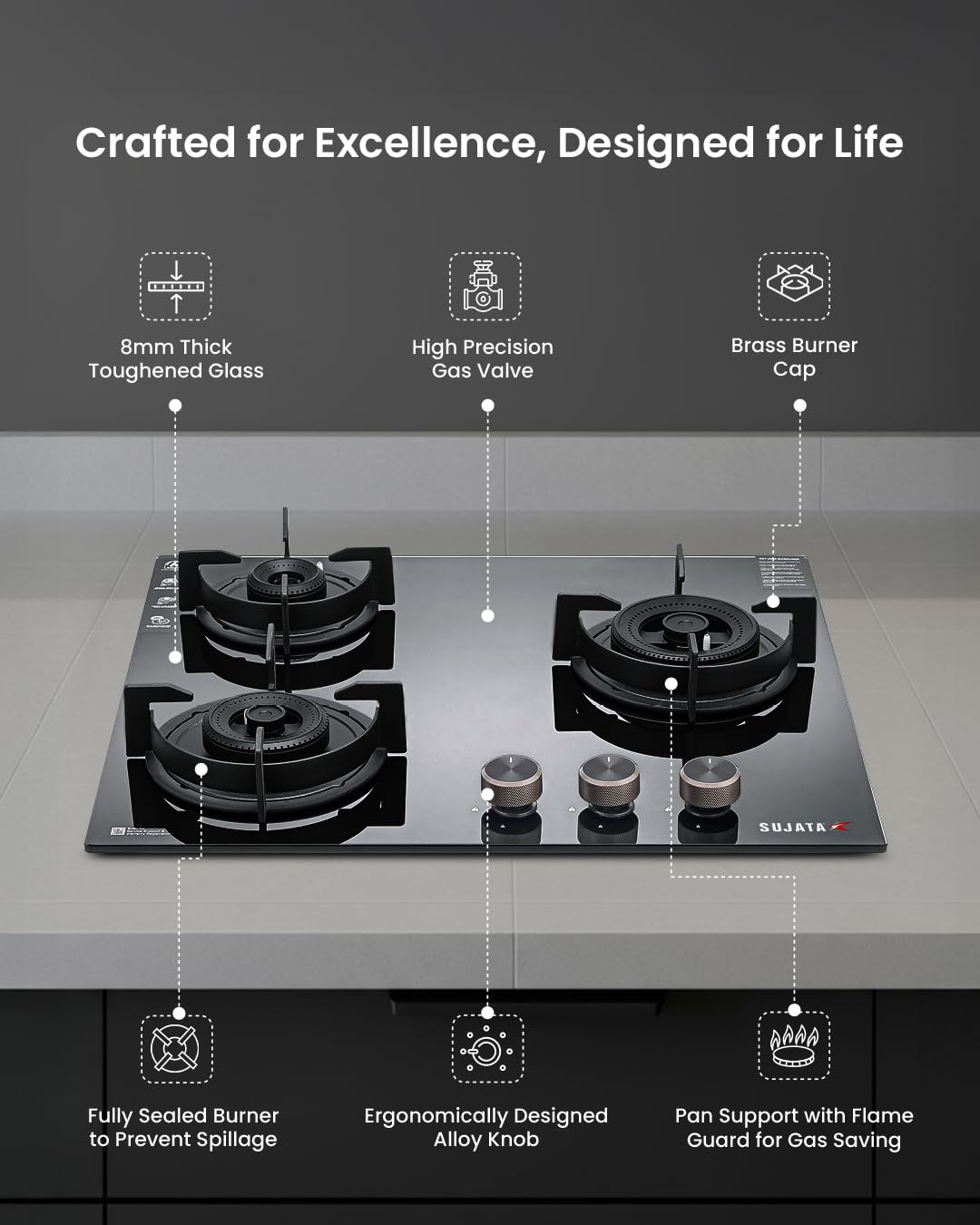Sujata 3 Burner Gas Stove - Auto Ignition, Glass Top -7