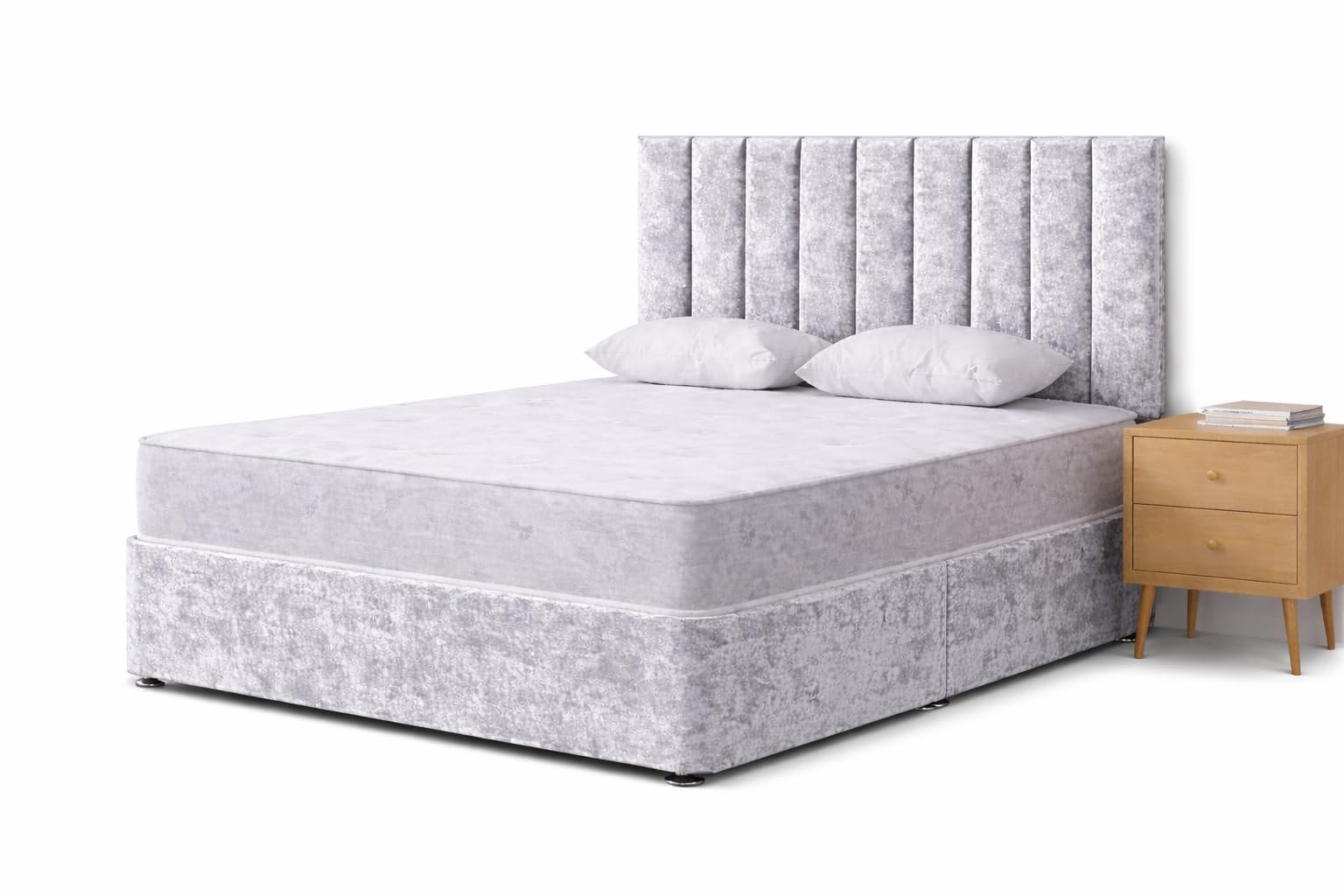 CALISMA Designer Gio Divan Bed with Headboard, Silver Crush Velvet, Spring Mattress (silver crush, 3ft single)