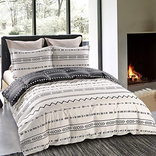 JUCFHY-600-Thread-Count-Cotton-Duvet-Cover-3pcs-Queen-Duvet-Cover-Set-Black-Stripe-Geometric-Printed-on-WhiteReversible-with-Zipper-Closure-1-Duvet-Cover-and-2-Pillow-Shams 61mptn YT3L