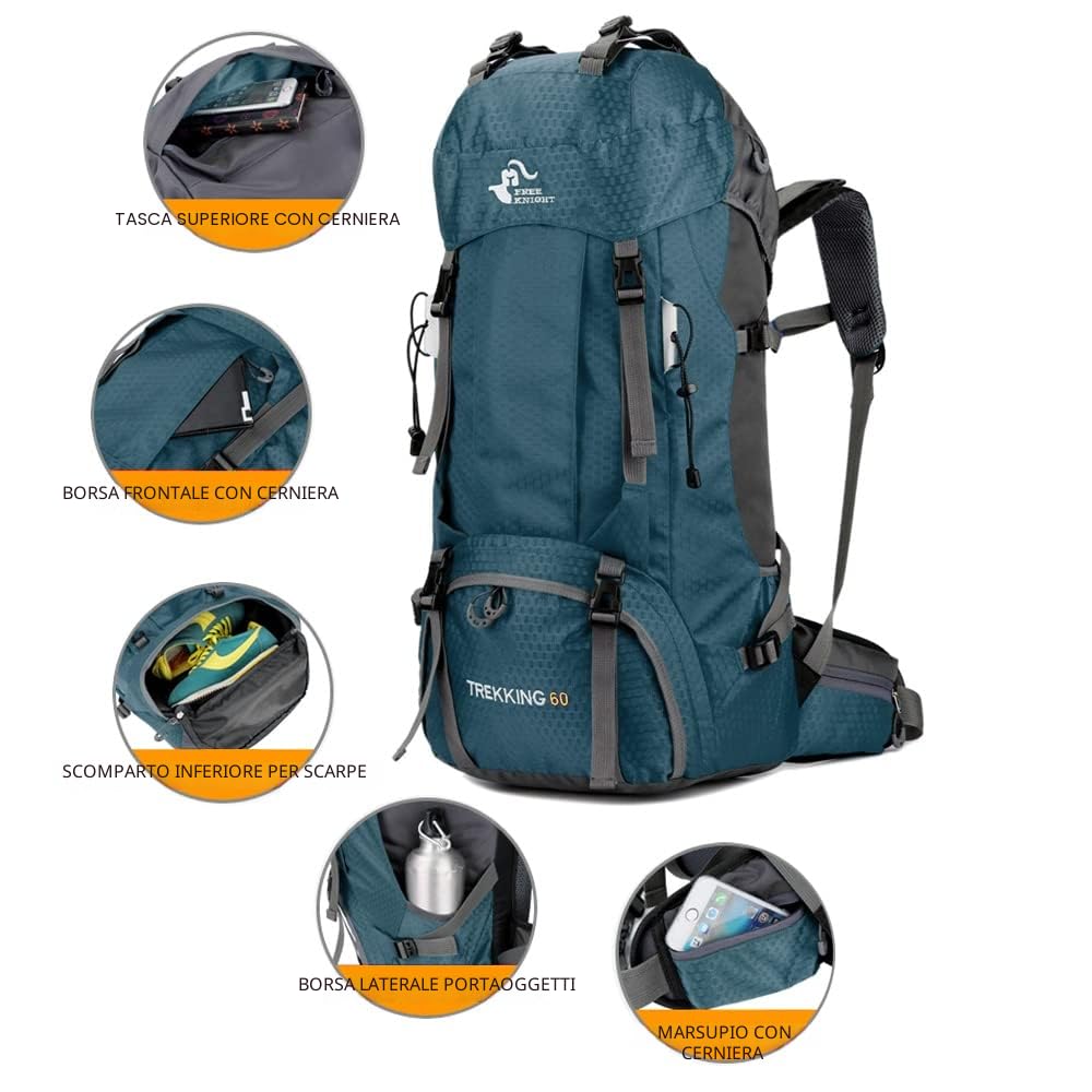 Bseash 60L impermeabile zaino da trekking leggero con copertura antipioggia, zaino da viaggio sport all'aperto per arrampicata campeggio turismo