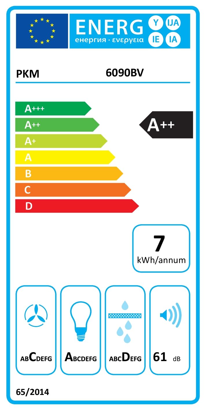 PKM 6090BV - Cappa aspirante da parete, con filtro a carbone, in lamiera d'acciaio nera, 60 cm, illuminazione a LED, classe di efficienza energetica A++