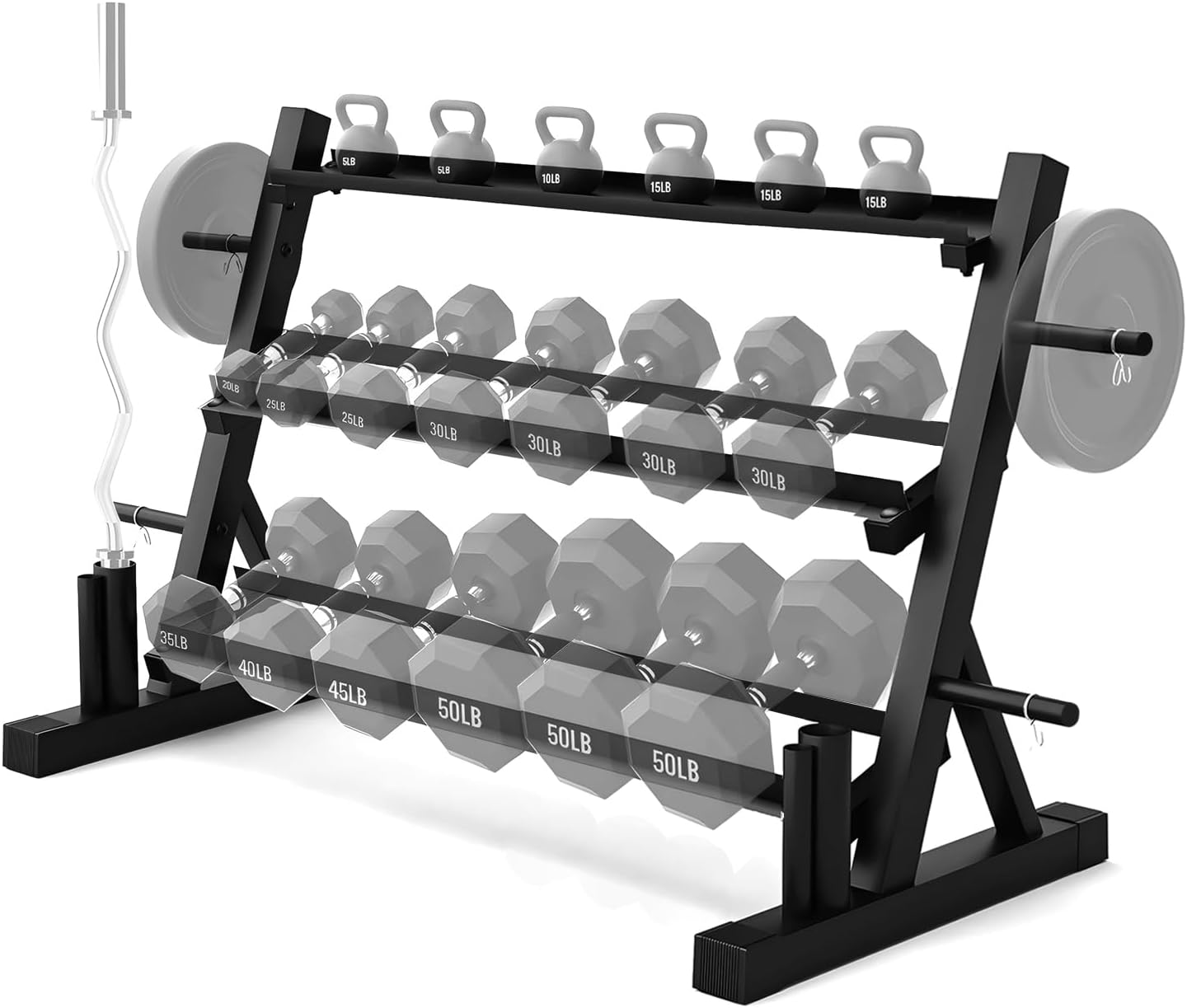 PENSUN Dumbbell Rack – 3 Tier Adjustable Weight Storage Stand with Side Barbell Plate Holder – Multi Purpose Home Gym Organizer for Dumbbells, Kettlebells, Barbell