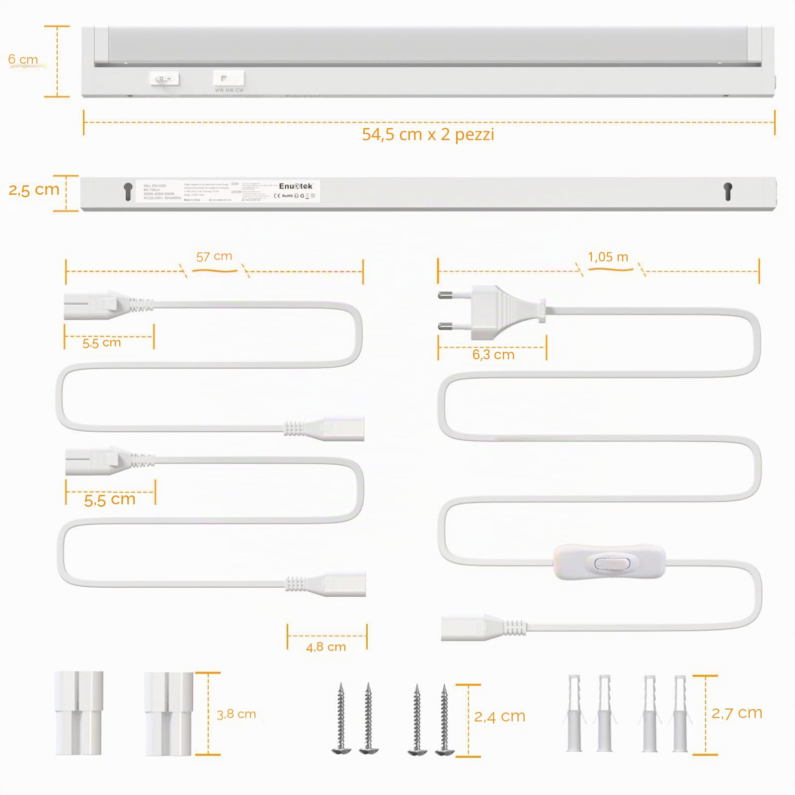 ENUOTEK Luce LED Sottopensile Cucina, Barra LED Sottopensile 545MM 2 Pezzi Dimmerabile, 3 Colori di Luce Regolabili 3000K 4000K 6500K Luci, 8W 750Lm, Per la Cucina e il Bagno, Funzione di Memoria