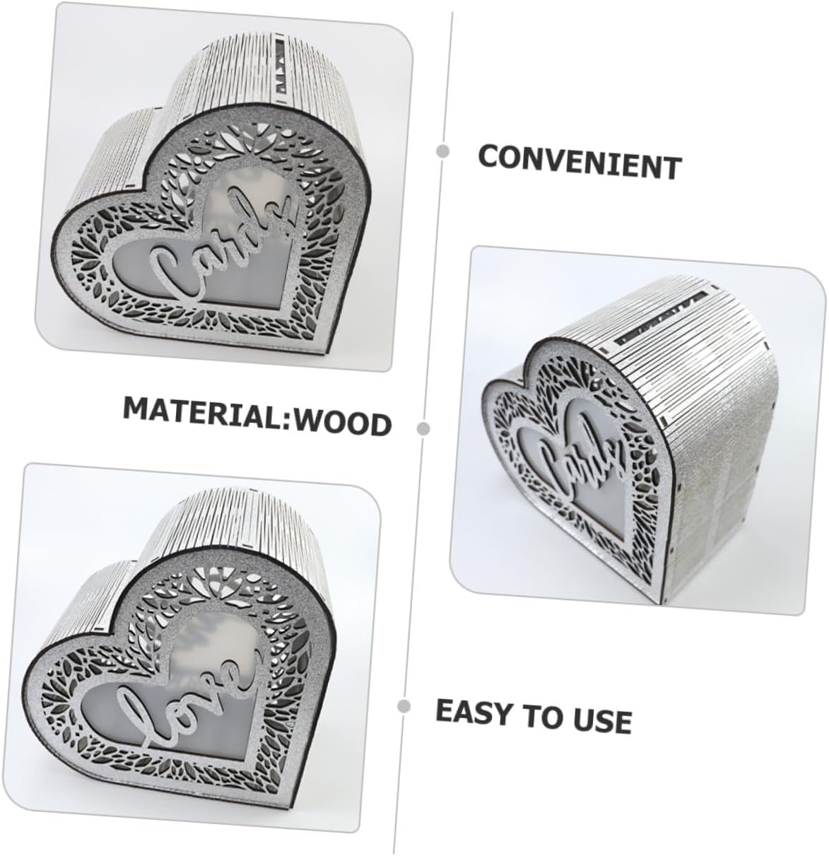 Abaodam Wood Heart-shaped Hollow Glitter Card Box Wooden Greeting Card Holder Wedding Anniversary Signature Envelope Collection Box for Party Decoration