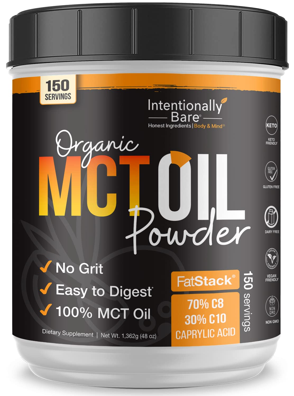 Organic MCT Oil Powder - Zero Net Carbs - No Grit Formula - Keto - Paleo - Vegan Friendly - 70% C8 -