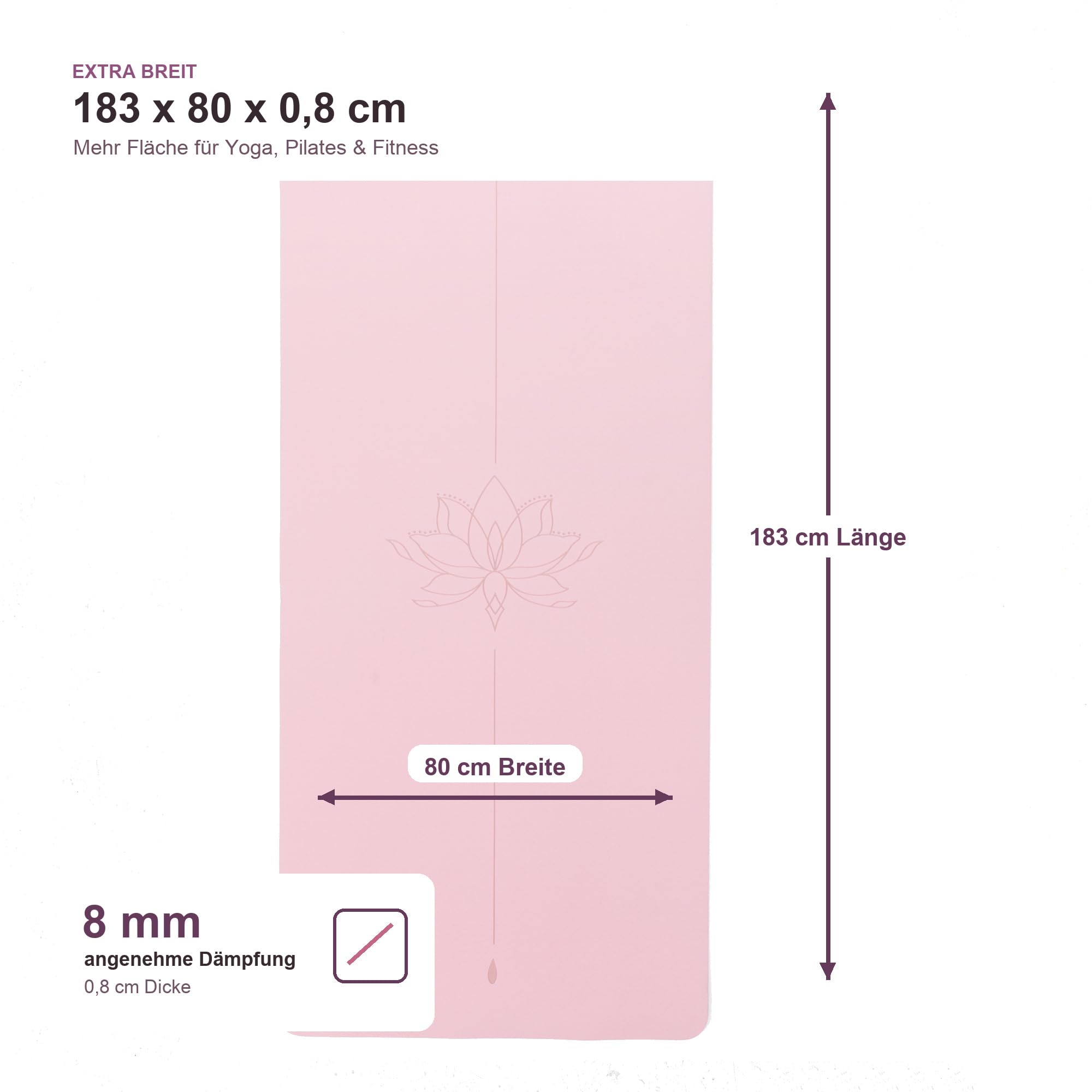 große breite TPE Yoga Mat dicke Rutschfeste 183 * 80 * 0,8 cm für Frauen Männer Übung für zu Hause Ideales Training für Fitnessstudio, Pilates Fitness
