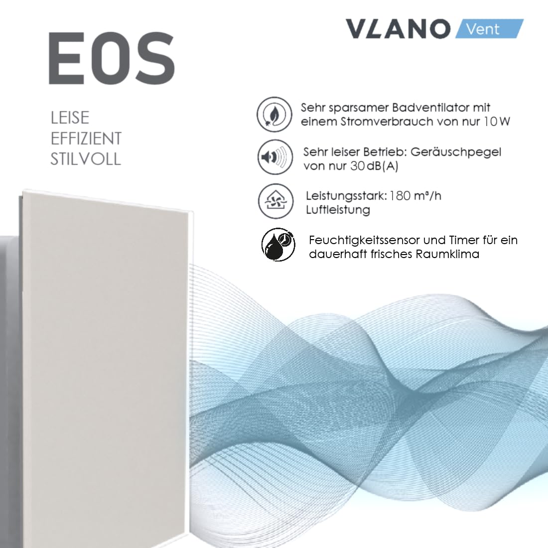 Vlano Badlüfter EOS 125 H WH, mit Feuchtigkeitssensor & Nachlauf, 125 mm, Glasfrontplatte, Rückschlagklappe, Leiser Betrieb, IP 45, LED Hintergrundbeleuchtung, Abluftlüfter Hygro und Nachlauf, weiß