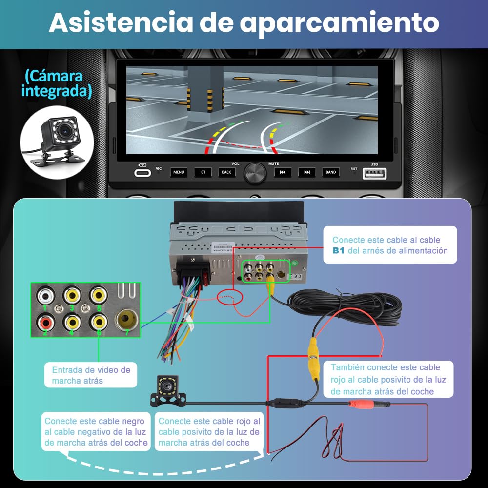 Junsun 6.86 Pulgadas 1 DIN Radio Coche Universal con Pantalla Táctil, con CarPlay/AndroidAuto/Admite Carga Type-C/USB/Micrófono/FM/EQ/GPS/Bluetooth 5.0/USB/SWC y Cámara Trasera con Cable 6M