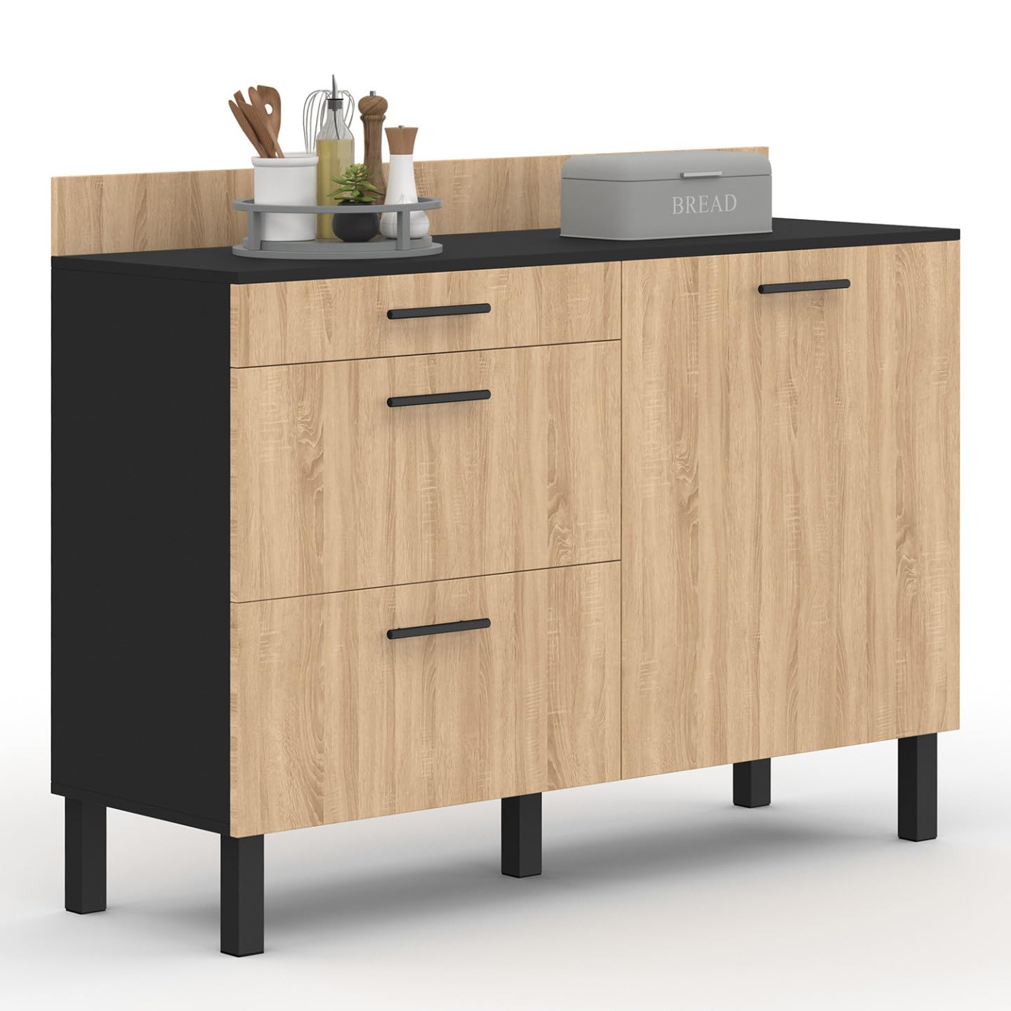 IDMarket - Buffet Bas casserolier de Cuisine 120 cm CINA Plan de Travail H.83 cm 1 Porte + 3 tiroirs Noir et façon hêtre