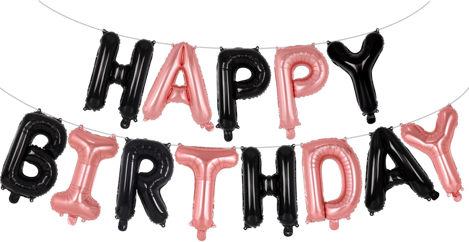 Happy Birthday Balloons Banner, Foil Balloon Personalized Name Letters Balloons Sign Birthday Party Decorations for Women Men Boys Girls Black and Rose Gold