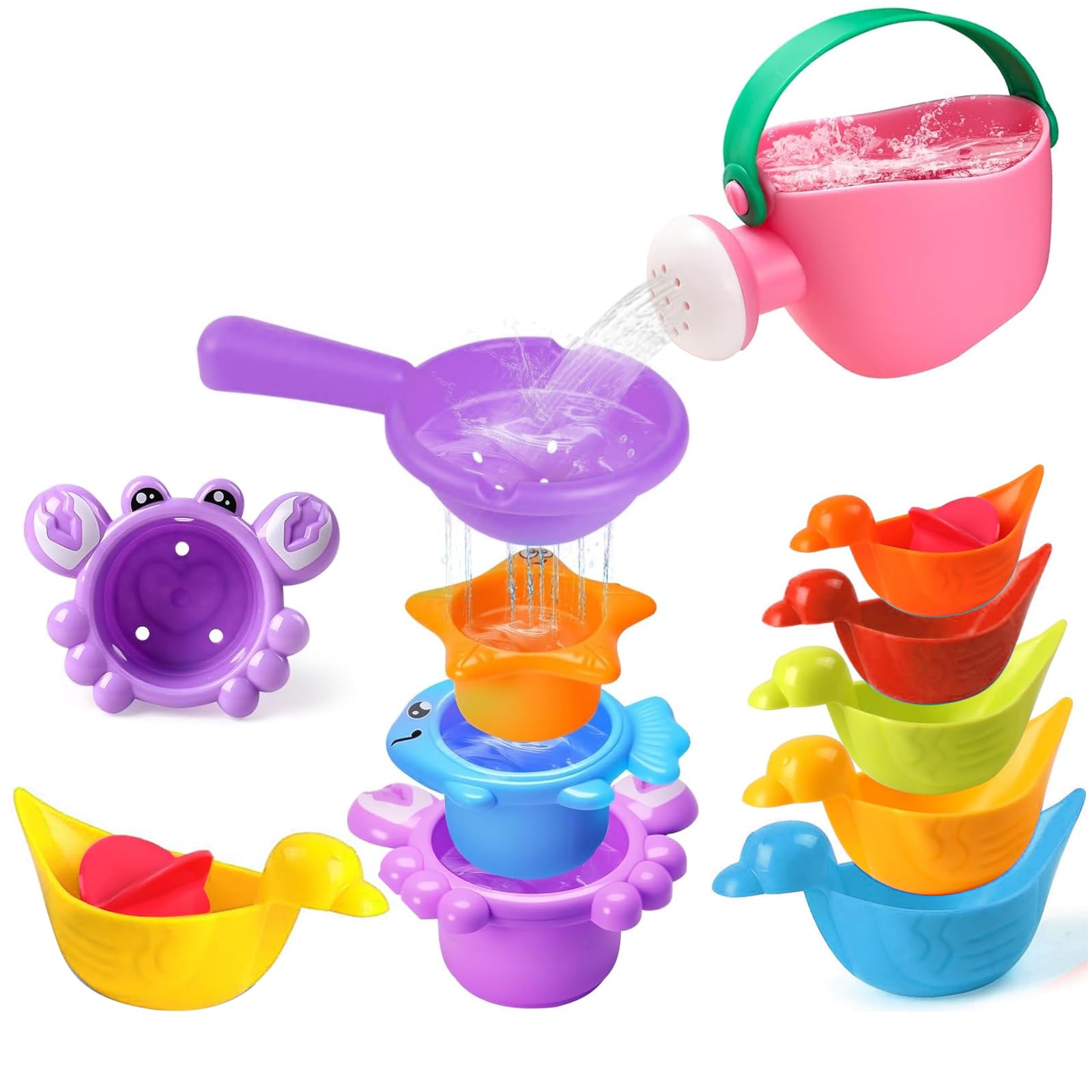 10 Piezas Juguetes Bañera Bebe, Incluye regadera y Barquitos Flotantes, Juguetes Baño Bebe, Juguetes de baño para bebés Resistentes al Moho