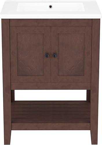 Miniatura 1 de Merax Moderno tocador de baño con fregadero, armario de almacenamiento de baño de 30 pulgadas con estante abierto, juego de fregadero de madera