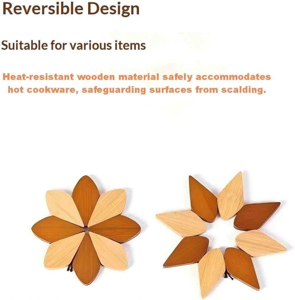 Wooden Windmill Shaped Trivet Set with Stand, Natural Wood Heat Resistant Hot Pot Holder, Reversible Design Kitchen Table Mat, 6'' Diameter, 9'' Height with Base