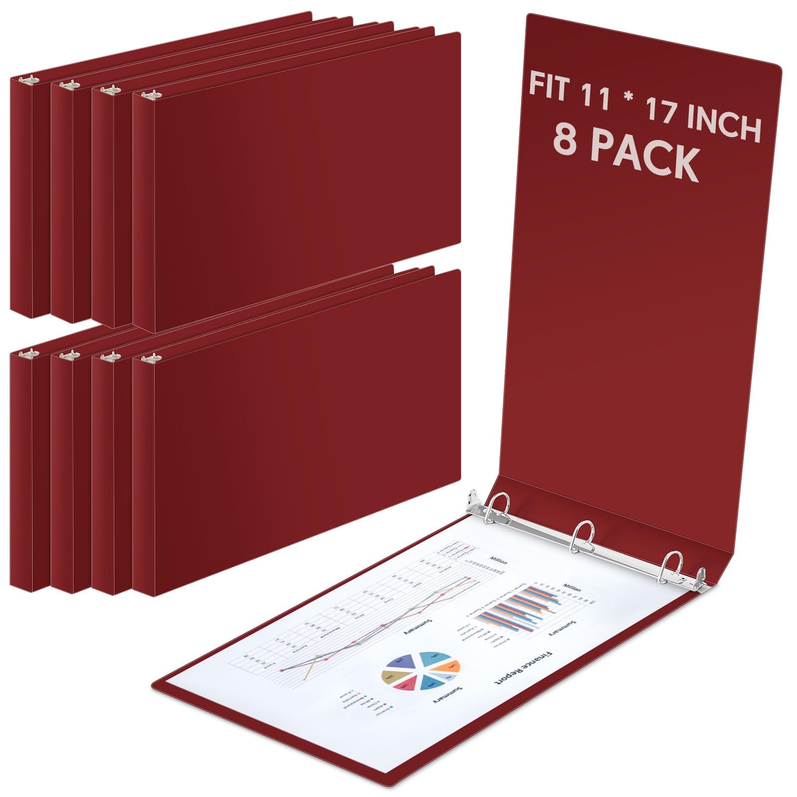 8 raccoglitori a 3 anelli da 3,8 cm, resistenti, per documenti da 28 x 43,2 cm, per progetti artistici, ufficio, casa, luoghi di lavoro (rosso scuro)