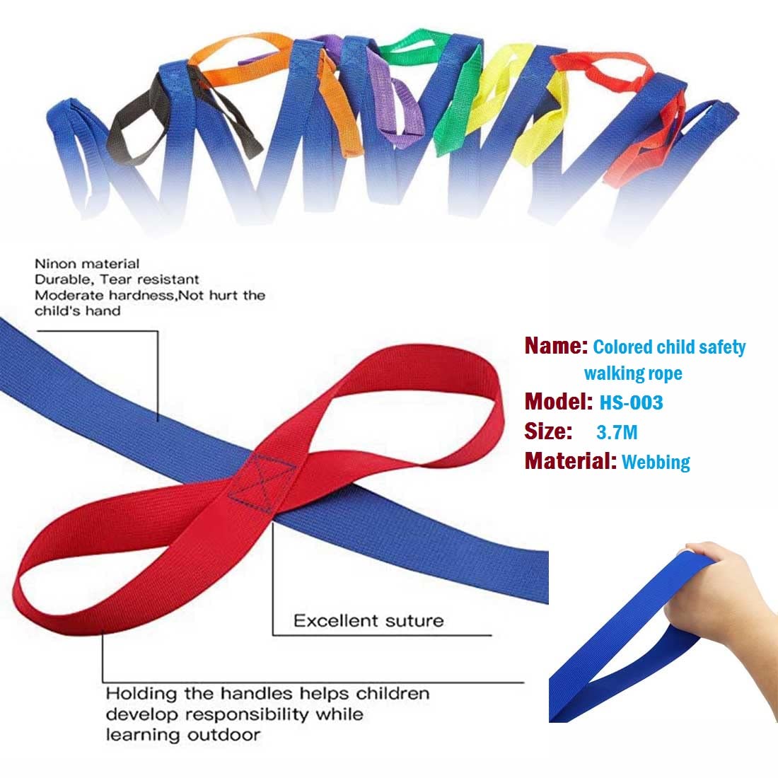 Corda Da Passeggio Per Bambini Asilo - Con 12 Maniglie Colorate, Lunga 3.7m - Foto 3
