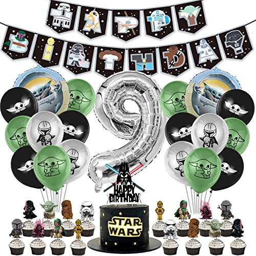 Star Wars 9e Anniversaire Décorations 41 pcs,Star Wars Anniversaire Bannière,Star Wars Cupcake Topper,Star Wars Ballon,Numéro 9 Ballon,Décoration de Gâteau,pour 9 Ans Garçon Fille Fête Décoration Cover