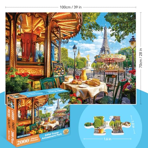 Puzzle para adultos de 2000 piezas, escena romántica de la calle en París con Torre Eiffel, carrusel y café, tamaño terminado 39" x 28" miniatura 2