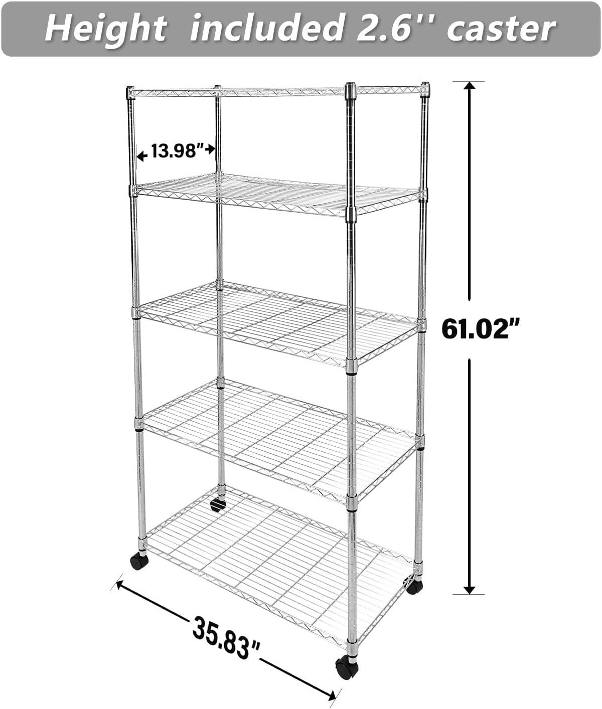 HealSmart Heavy Duty 5-Tier Height Adjustable Metal Shelving Unit, 36'' L x 14'' W x 61.02'' H, Chrome (HKSHLF36146005CV4)