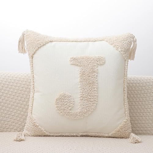 Fundas de almohada con monograma y borlas de 18 x 18 pulgadas, fundas de almohada modernas de lona de algodón con letras del alfabeto J copetudo,