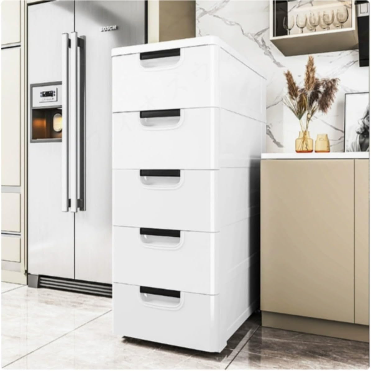 収納キャビネット、引き出し式、厚みのある子供用収納ボックス、プラスチックキャビネット、大容量、省スペース、幅20cm、純白、5層、シ