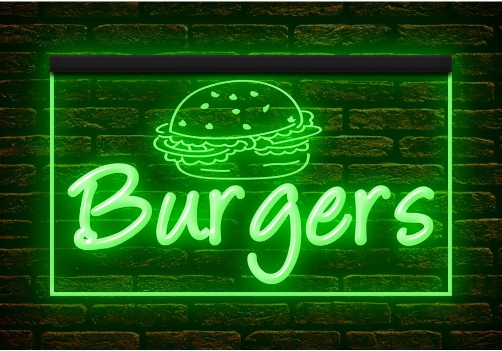 110245 Burgers Hamburger Shop Cafe Open illuminated Display LED Night Light Neon Sign (16" X 12", White)