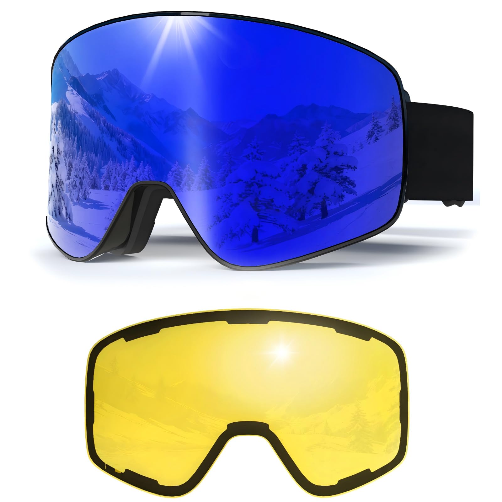 Gogle narciarskie, bezramowe gogle snowboardowe z 2 soczewkami narciarskimi z magnesem UV400, YH212 przeciwmgielne gogle śnieżne dla dorosłych mężczyzn kobiet (czarna rama, pełna Revo Blue