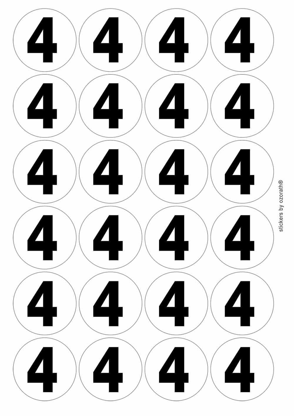 Plain Number 4 Four Circular Matt Paper Stickers A4 Sheet of 24 (Each Sticker is 45mm Diameter)