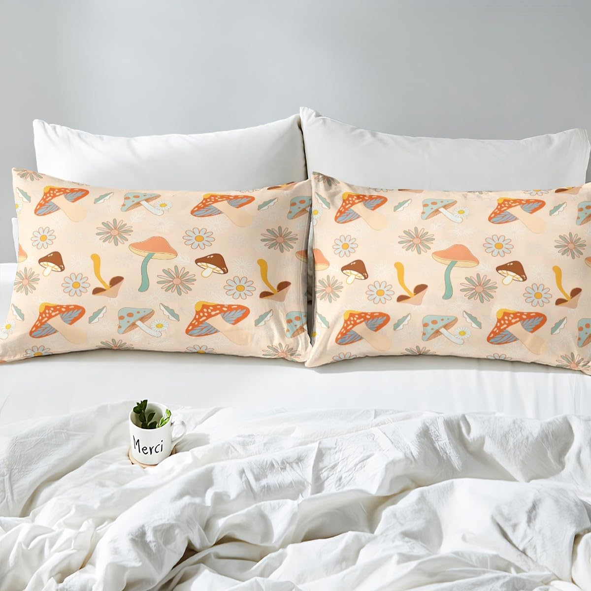 Castle Fairy 60s 70s Retro Mushroom Fitted Sheet King Size,Groovy Flowers Floral Microfiber Polyester Bed Shee Set for Man Adult,Boho Art Bedding Set (1 Fitted,1 Flat,2 Pillows)