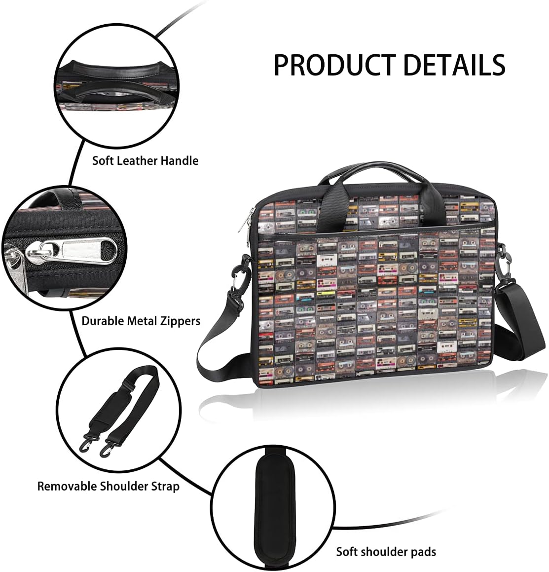 Music Tapes Shoulder Messenger Bag - Waterproof Laptop Briefcase with Handle and Padded Strap Case Sleeve for 13-15.6 Inch Laptops