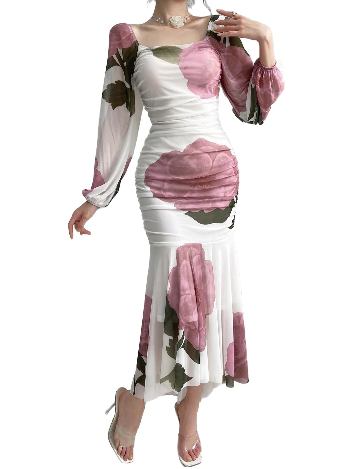 WDIRARA Women's Flower Print Maxi Dress Square Neck Puff Sleeve Ruched Elegant Wedding Guest Dresses