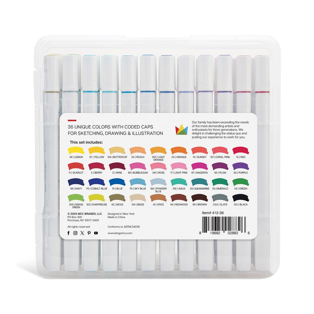 KINGART Studio Twin-Tip™ permanentne markery do szkicowania na bazie alkoholu, etui podróżne, zestaw 36 unikalnych kolorów