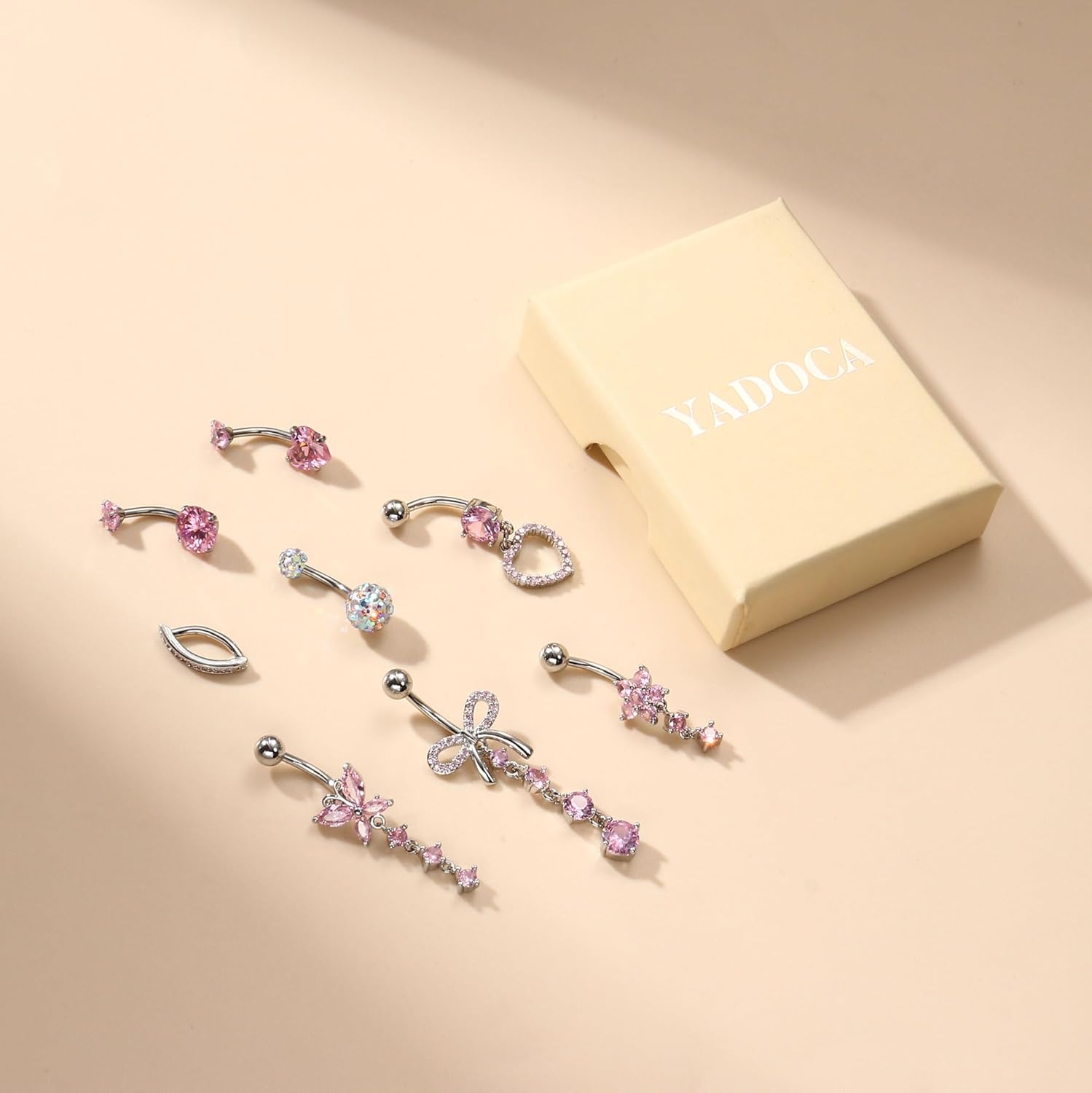 YADOCA 316L Surgical Steel Gold Dangle Belly Button Ring for Women Silver Dangly Belly Rings 14G Hypoallergenic Navel Belly Button Piercing Jewelry Bow Heart 10mm/12mm Barbell Length - Image 6