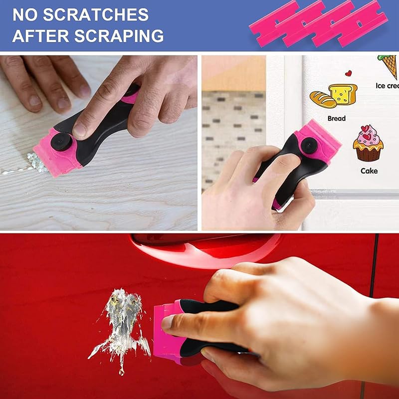21pcs Multi-Purpose Razor Blade Scraper, Double Edged Scraping Tool with 10 Pcs Razor Blades, Paint Scraper for Glass, Floor Door & Wall Cleaning, Pink