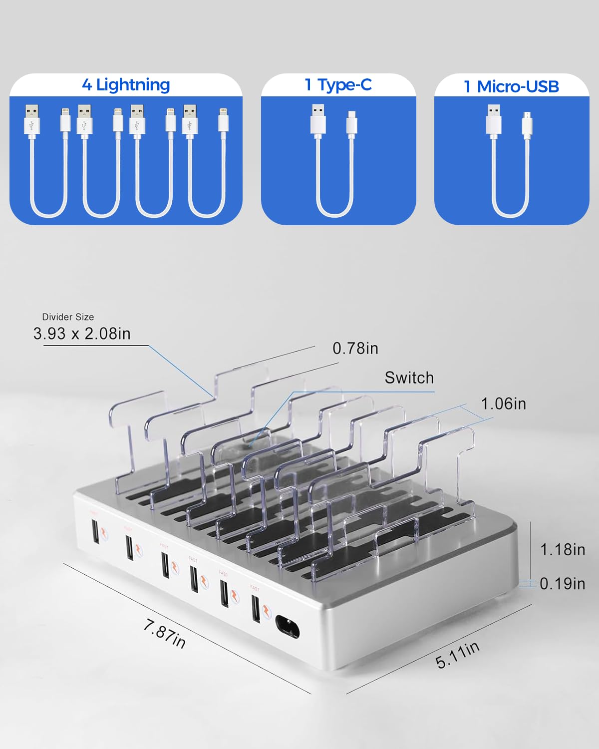 Estación de carga de 300 W para múltiples dispositivos, estación de carga rápida de 6 puertos, compatible con iPhone, iPad, tabletas Android, organizador de viaje de oficina en casa