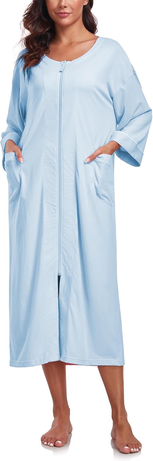 EA'S SECRET Women 100% Cotton Robes Lightweight Zipper Front 3/4 Sleeve Full Length Housecoat with Pockets Loungewear