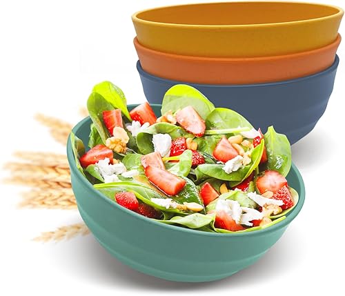 Numkey Juego de 4 cuencos de paja de trigo de 60 onzas, cuencos de ensalada, irrompibles, grandes, cuencos de cereales de gran tamaño, ligeros para