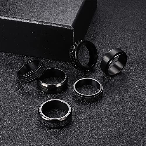 Fibo Steel 6Pcs Black Spinner Rings For Men Women Fidget Rings Cool Chain Inlaid Greek Key Rings Stainless Steel Stress Relieving 8Mm Wide Wedding Promise Band Rings Set Size 6-13 #TOP4