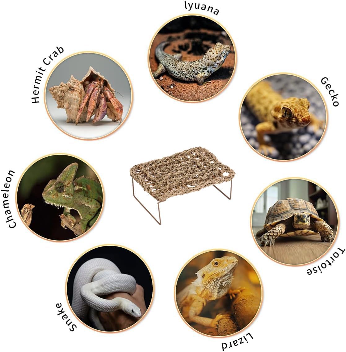 Bearded Dragon Hammock Reptile Tank Accessories with Adjustable Metal Stand, Natural Seagrass Basking Platform for Lizards Geckos Snakes Frogs Hermit Crabs Terrarium Decor No Suction Cups Needed