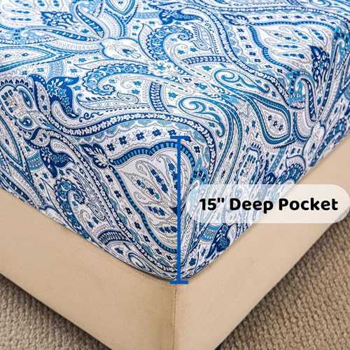 Image of Softan Blue Paisley Printed Bed Sheets King Size, Floral Sheet Set King, Brushed Polyester Microfiber Fitted Sheet with 15 inch Deep Pocket & Non-Slip Straps, Blue Flower Patterned Sheet & Pillowcase Sets